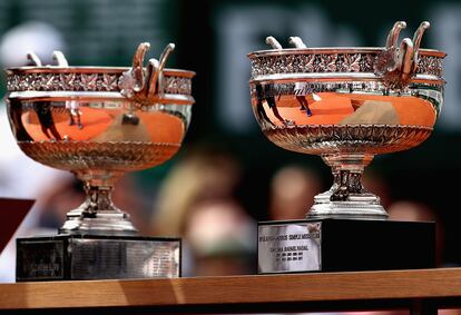 PARIS, FRANCE - JUNE 11: A detailed view of the trophy following the mens singles final between Rafael Nadal of Spain and Stan Wawrinka of Switzerland on day fifteen of the 2017 French Open at Roland Garros on June 11, 2017 in Paris, France. (Photo by Julian Finney/Getty Images)