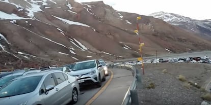 Cars wait to cross into Chile from Mendoza, Argentina.