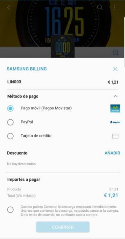 Se elige el producto y se selecciona Pago por operador (en este caso, Movistar).