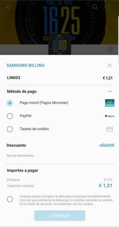 Se elige el producto y se selecciona Pago por operador (en este caso, Movistar). 