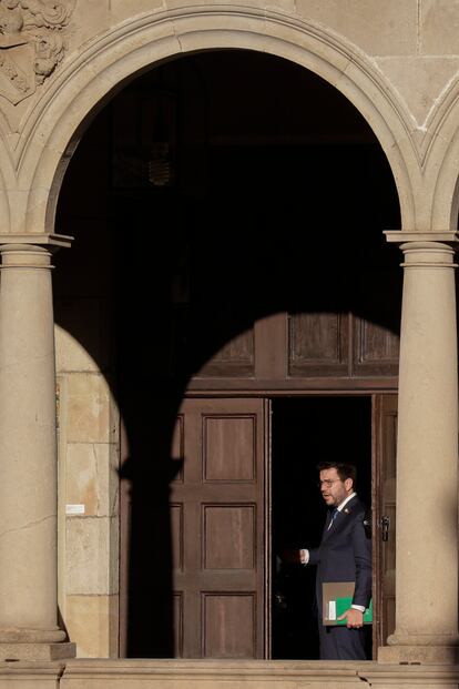 El presidente de la Generalitat, Pere Aragonès, este martes, en la sede del Institut d'Estudis Catalans (IEC)