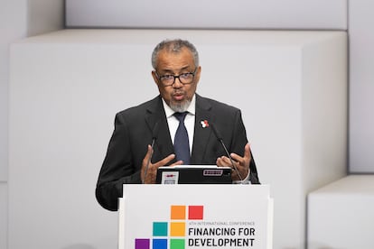 El director general de la OMS, Tedros Adhanom Ghebreyesus, durante su intervención en la cumbre de la ONU en Sevilla este miércoles.