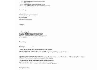En enero de 2005, el duque de Palma le envía un correo electrónico a la princesa Corinna Zu Sayn-Wittgenstein, amiga íntima del Rey. Urdangarin le proporciona su cuenta bancaria y mantienen conversaciones sobre la Fundación Laureus, con la que el duque pretendía hacer negocios.