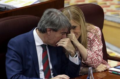 La presidenta de la Comunidad de Madrid, Cristina Cifuentes, cuchichea con el consejero de Presidencia, Ángel Garrido, en un pleno de la Asamblea de Madrid, el 17 de marzo de 2016. 