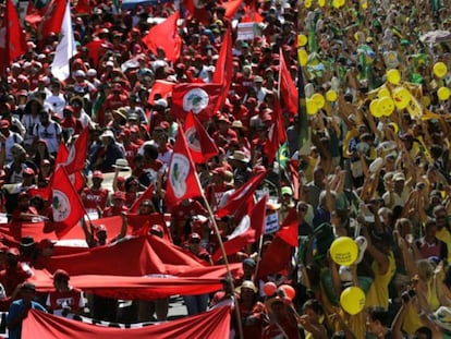 Manifestantes contra e a favor do impeachment, em S&atilde;o Paulo (&agrave; esq.) e em Bras&iacute;lia.