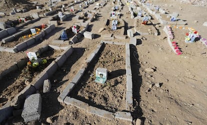 Tumbas de seguidores del grupo chií Houthi en un cementerio de Sanaá, Yemen.