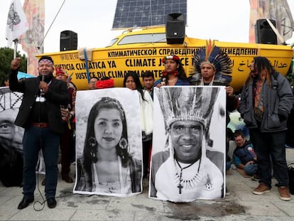 Protesta de representantes de pueblos indígenas en la Cumbre por el Clima COP 25.
