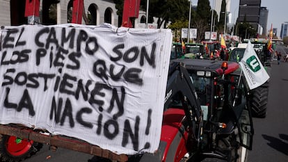 Varios tractores circulan por el Paseo de la Castellana en una nueva concentración de agricultores y ganaderos en Madrid, el 17 de marzo de 2024.