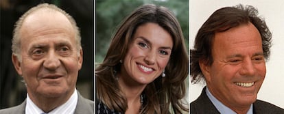 De izquierda a derecha, el rey Juan Carlos, la princesa de Asturias y el cantante Julio Iglesias, los tres españoles más famosos en Portugal.