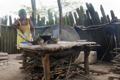 Una joven mujer wayuu cocinando en su ranchería. El arroz, el pescado y ocasionalmente la carne de chivo suele ser la base de su dieta.   