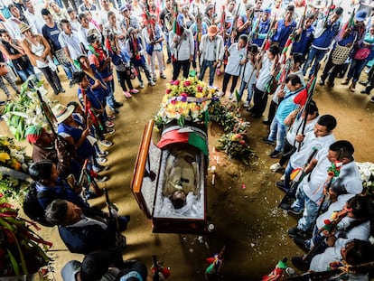A funeral service for indigenous leader Edwin Dagua in Caloto, Colombia. Dagua was killed for his work in protecting the Huellas ecological reserve.