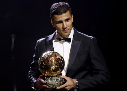 Manchester City and Spain midfielder Rodri wins the Men's Ballon d'Or 2024 award at the Ballon d'Or 2024 ceremony at the Theatre du Chatelet in Paris, France