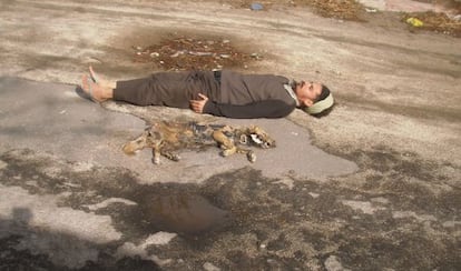 El artista Paulo Nazareth, junto al cad&aacute;ver de un perro. 