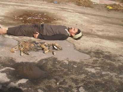 El artista Paulo Nazareth, junto al cad&aacute;ver de un perro. 