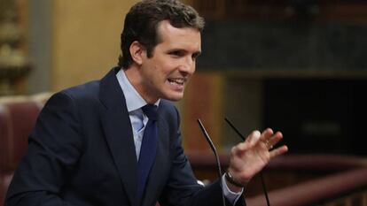 El presidente del Partido Popular, Pablo Casado, durante su intervención en el pleno del Congreso de los Diputados.