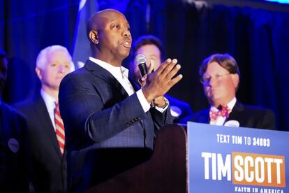 Sen. Tim Scott speaks at a news conference announcing that more than 140 current and former elected officials from South Carolina have endorsed his presidential