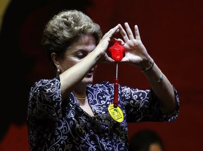 A candidata a reeleição durante ato com educadores em São Paulo, no dia 15.