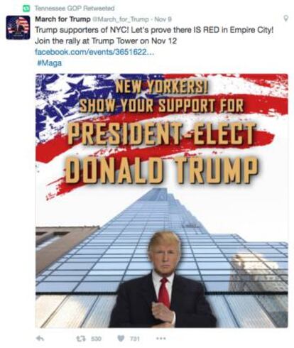 Un cartel de la Marcha por Trump convocada por la factoría rusa y retuiteada por una cuenta falsa de los republicanos de Tennessee.