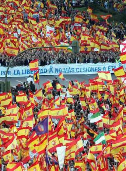 Las banderas de España predominaron sobre las pancartas en la manifestación de ayer.