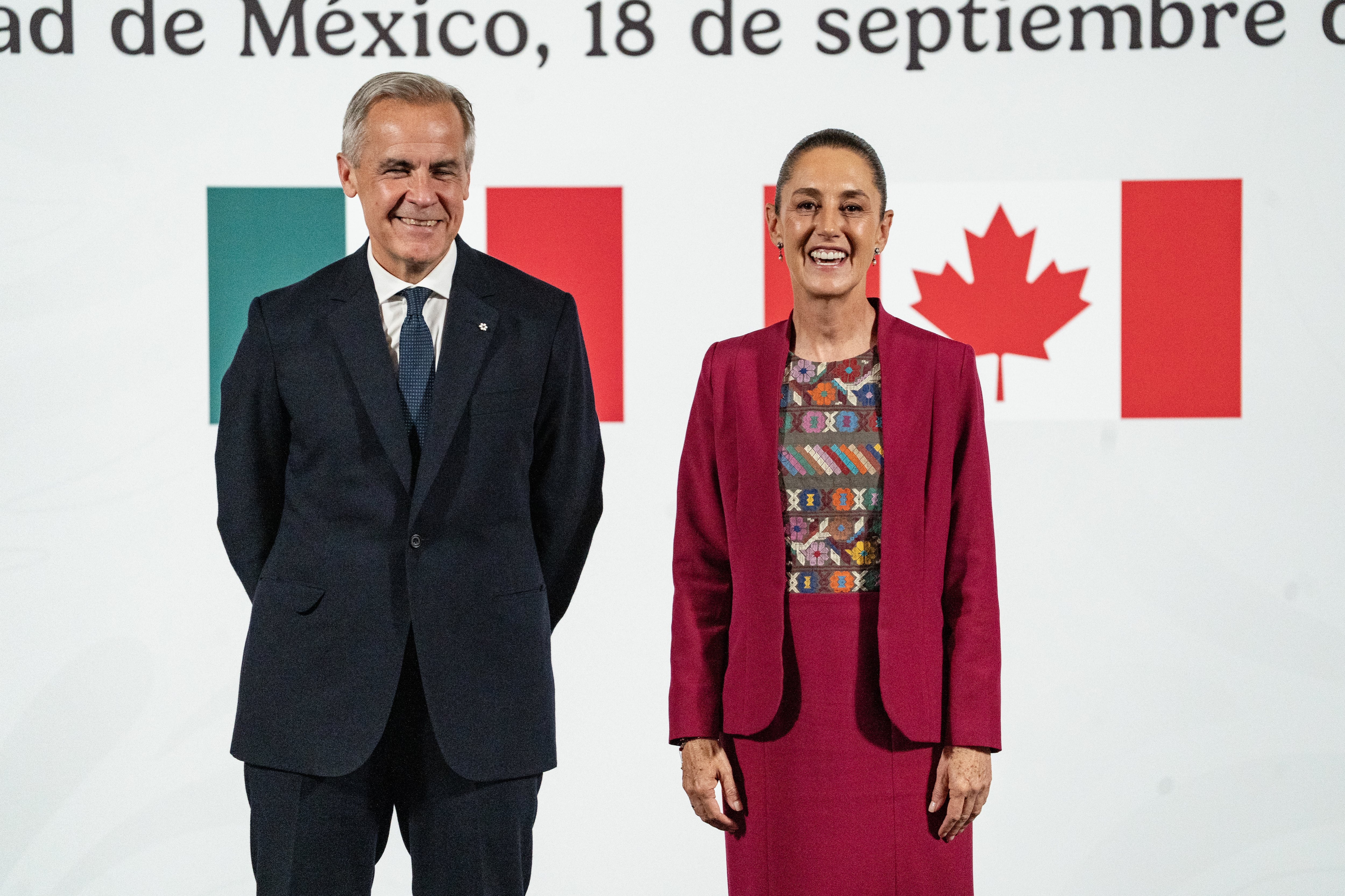 Mark Carney y Claudia Sheinbaum en Palacio Nacional, Ciudad de México, este jueves.