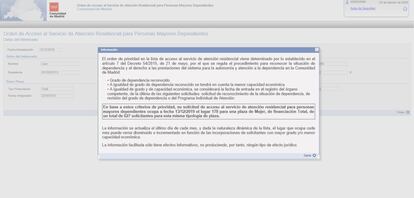 Pantallazo de la web de la Comunidad de Madrid que permite consultar el puesto que un solicitante de ayudas a la dependencia ocupa en la lista de espera.