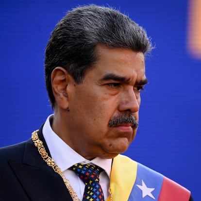 Venezuela's President Nicolas Maduro appears in front of supporters after he was sworn in for a third six-year term, in Caracas, Venezuela January 10, 2025. REUTERS/Maxwell Briceno