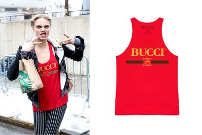 La top mil caras y la de las mil marcas, Cara Delevingne luciendo una camiseta de "Bucci" (Gucci) de Brian Lichtenberg (43 euros).