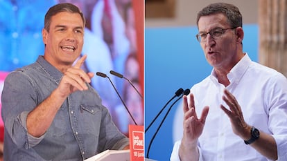 El líder del PSOE y presidente del Gobierno, Pedro Sánchez, y el presidente del PP, Alberto Núñez Feijóo (derecha).