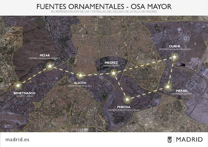 Plano del Ayuntamiento de Madrid con la ubicación que tendrán las siete fuentes.