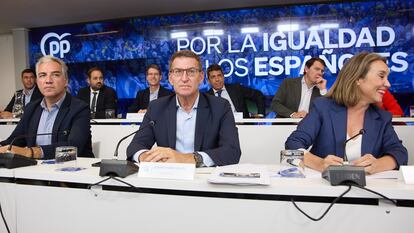 El presidente del PP Alberto Núñez Feijóo, en la reunión de la Junta Directiva Nacional del partido, en la sede del PP, este lunes en Madrid.