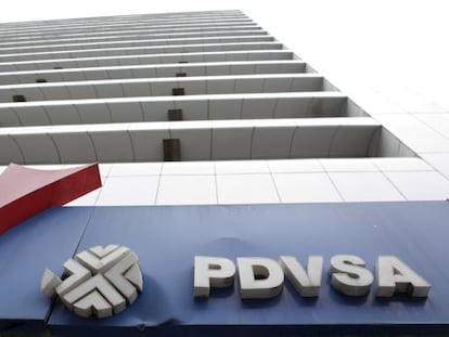The logo of the state-owned oil company PDVSA at a gasoline station in Caracas.