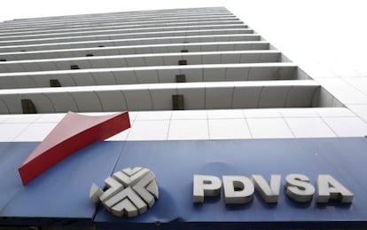 The logo of the state-owned oil company PDVSA at a gasoline station in Caracas.