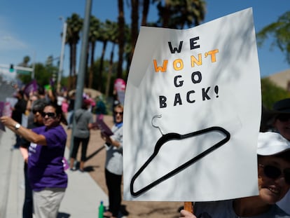 People rally in support of abortion rights Tuesday, May 21, 2019, in Las Vegas.