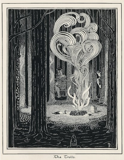 En esta ilustración se ve una hoguera de troncos de haya que arde en el centro de un claro del bosque. Los trolls del título, que capturaron a Bilbo y a los enanos que le acompañaban, están escondidos más allá de la luz. Según los autores del libro Tolkien se inspiró en un grabado de Jenny Harbour para el cuento 'Hansel y Gretel'. También entregó otro dibujo de los Trolls convertidos en piedra gracias a una treta de Bilbo.