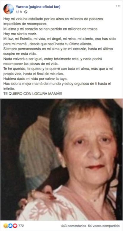 Texto de Yurena/Tamara publicado en Facebook informando de la muerte de su madre.