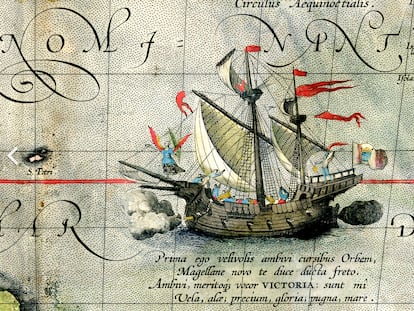 La nao 'Victoria', único barco que culminó la circunnavegación de Magallanes en 1522, por Abraham Ortelius.