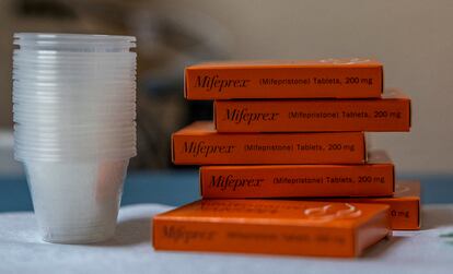 Boxes of mifepristone, the first pill given in a medical abortion