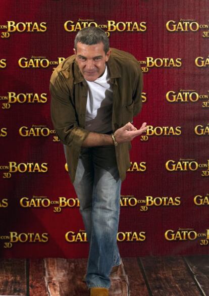 El actor malagueño en la presentación en México de la película 'El gato con botas'