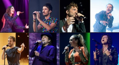 De izquierda a derecha, arriba: Malú, Pucho (Vetusta Morla), David Bisbal y Salti Balmes (Love of Lesbian). Abajo: Pablo Alborán, Joaquín Sabina, Mónica Naranjo y Bunbury.