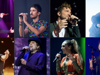 De izquierda a derecha, arriba: Malú, Pucho (Vetusta Morla), David Bisbal y Salti Balmes (Love of Lesbian). Abajo: Pablo Alborán, Joaquín Sabina, Mónica Naranjo y Bunbury.