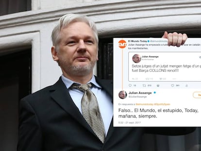 An in-house photomontage of Assange with the fake tweet, using an original photo from Getty.