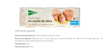 El Corte Inglés comercializa bajo su enseña una variedad de atunes en conserva: en aceite de oliva, en aceite de oliva virgen extra, en aceite de girasol, en escabeche, en tomate, al natural... Todas ellas tienen el mismo fabricante: Frinsa. También el bonito del norte en aceite. En cambio, para las variedades de bonito conservado en bote de cristal el proveedor es la empresa vasca Conservas Cusumano.