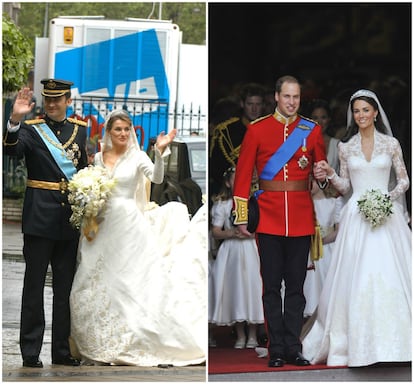 El día de su boda, en mayo de 2004, doña Letizia, escogió un vestido de corte más clásico diseñado por Pertegaz. Para su enlace con Guillermo de Inglaterra, en abril de 2011, Kate Middleton optó por un diseño de Alexander McQeen, creado por Sarah Burtin, con un estilo romántico.