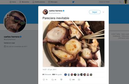 El 99% de las fotos que se comparten sobre comida en redes sociales trasmiten artificio, frialdad y pose. Herrera se quita todo eso de encima con una foto de un pulpo –perfecto, sin duda- en imposible perspectiva vertical, con un subjuntivo en el texto y sin hashtag alguno. El que se tope con esta joya, afortunado sea.

