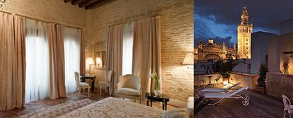 La <i>junior</i> <i>suite </i>y una terraza del hotel Casa 1800 de Sevilla.