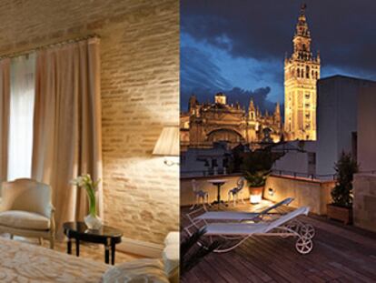 La <i>junior</i> <i>suite </i>y una terraza del hotel Casa 1800 de Sevilla.
