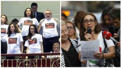 A la izquierda, Rosana Rastor (de pie, abajo derecha) con Aitana Sánchez-Gijón y Ana Belén, entre otros, protestan contra la guerra en el Congreso (2003). A la derecha, en la manifestación Mujeres rumbo a Gaza (2016).