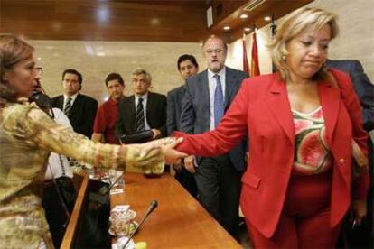 Rosario Arévalo (a la derecha) saluda a la portavoz del PP, Ana Guarinos, al finalizar su última comparecencia como consejera de Medio Ambiente.