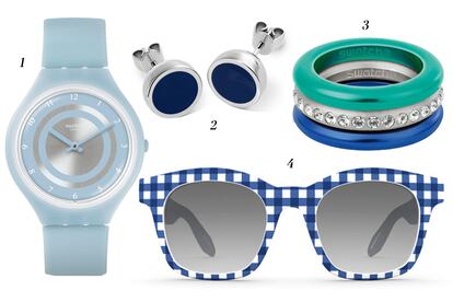 1. Reloj Skinciel 2. Pendientes Colortwist 3. Anillo Merry Blue 4. Gafas de sol The Eyes of Roger. Todo de Swatch.