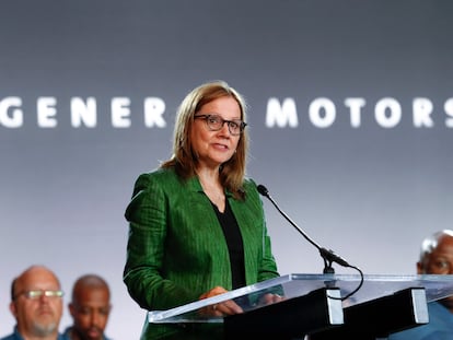 General Motors CEO Mary Barra speaks during the opening of contract talks with the United Auto Workers on July 16, 2019, in Detroit.